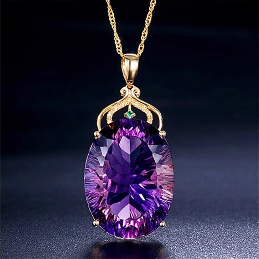 Purple Cubic Zirconia Diamond Pendant Queen Princess Bridal Gold Plated Necklace - Picture 2 of 4